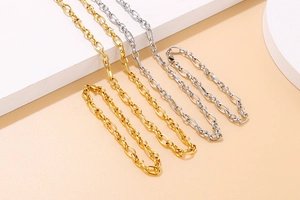 Detailed view of chunky gold and silver stainless steel chain link necklace and bracelet set