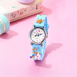 Kids quartz watch with blue unicorn silicone strap and rainbow pattern on pink background