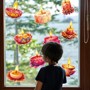 Window decals featuring colorful Diya lamps for Diwali festival decoration with children