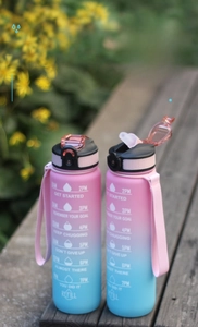 Detail of 1000ml sports bottle with gradient design, safety lock, and time markers