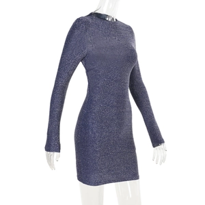 Detailed view of blue slim-fit long sleeve dress with shimmering silver silk texture