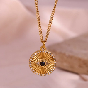 Evil Eye Coin Pendant Necklace 18K Gold Plated Stainless Steel Black Rhinestone Sunburst Retro Minimalist For Women