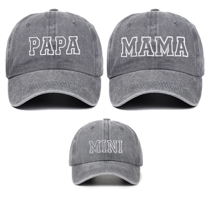 Detailed view of washed cotton vintage baseball caps for Dad Mom and Mini in grey