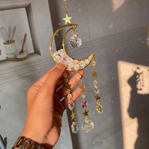 Golden moon sun catcher with natural crushed stones and crystal balls for window decor