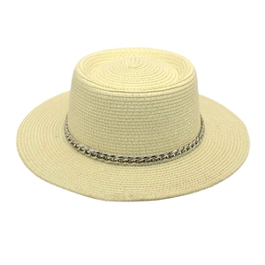 Straw boater hat for summer travel with flat top design and stylish silver metal chain detail