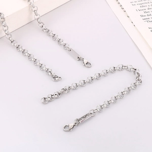 Silver stainless steel chain necklace with round links and blank rectangular DIY tag