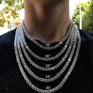 Silver single-row tennis necklace length guide showing 18 to 26 inch drape on a model