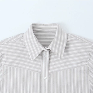 Women's casual grey and white striped poplin shirt with padded shoulders and classic collar