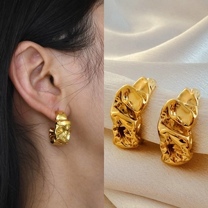 18k gold plated chunky croissant hoop earrings with irregular lava texture for women