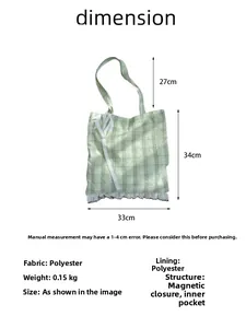Detailed size chart of green plaid tote bag with lace bow and polyester fabric specs
