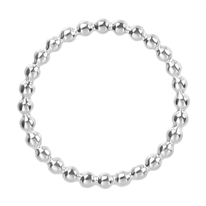 Top view of silver beaded stainless steel ring with polished finish on white background