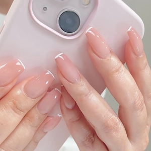 French Style Long Ballerina Press On Nails Nude Pink Jelly Finish White Tip Fake Nails 24 Pieces Set Glossy Wearable Nails