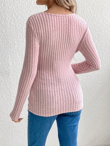 Pink V-neck maternity knit top with long sleeves and ribbed texture back view