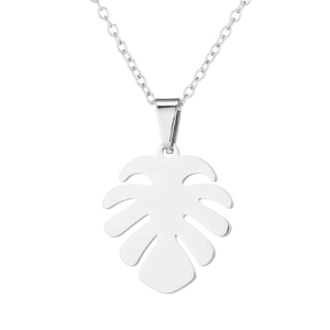 Silver monstera leaf pendant necklace with fine metal chain on white background