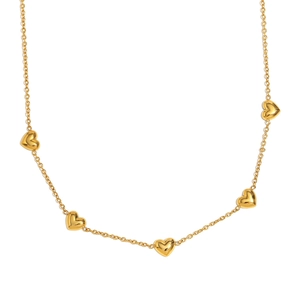 Polished 18K gold plated stainless steel necklace with five heart charms on O-chain