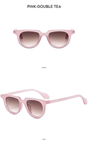 Detail view of pink matte frame sunglasses with gradient tea lenses from front and side angles