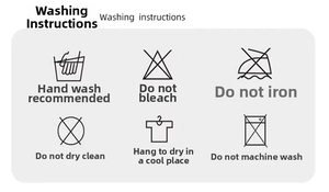 Detail view of washing instruction icons for plaid scarf showing care and maintenance tips