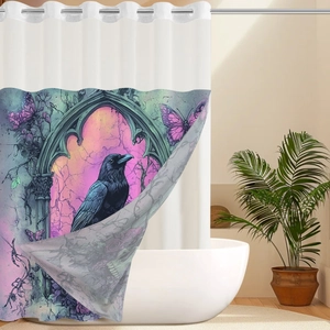 Gothic waffle shower curtain with black crow, purple butterflies and stone arch design