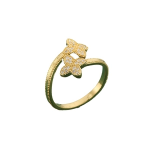 Golden open ring with double butterfly design and pavé cubic zirconia flower accents