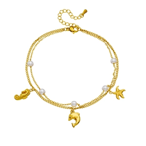 Double-layered gold stainless steel anklet with pearls and sea life pendants