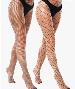 Comparison detail of black fishnet tights featuring small and large mesh density patterns