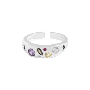 Retro silver open ring with colorful zircons and irregular texture in Y2K style