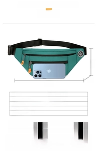 Detailed size specifications of teal water-resistant waist bag with dimensions 34x15x6cm