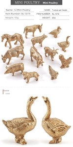 Macro shot of 12-piece golden farm animal figurines and a close-up detail of a goose toy