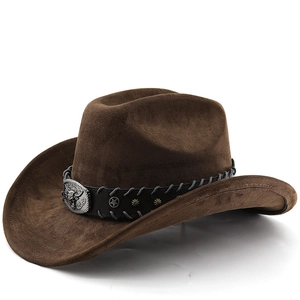 Dark brown western cowboy hat with cattle head buckle and leather band on white background