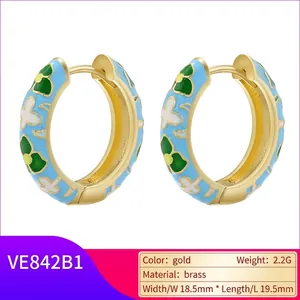 Pastoral style light blue enamel camellia C-shaped hoop earrings in gold-plated brass
