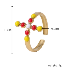 Minimalist gold cross open ring with colorful enamel beads and adjustable band