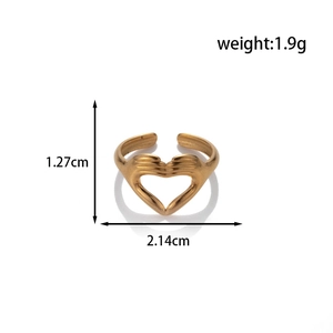 Gold stainless steel heart hand ring with dimensions and weight measurement details