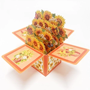 3D pop-up greeting card featuring vibrant sunflowers and butterflies on white background