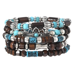 Ensemble de bracelets multicouches rétro avec perles turquoise, bois et pendentif couronne