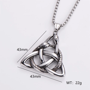 Detailed view of stainless steel triangular celtic knot pendant with serpents and dimensions