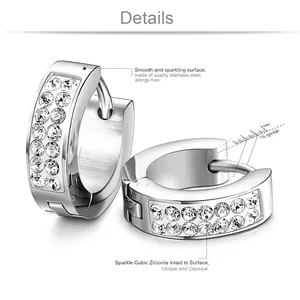 Polished stainless steel huggie earrings with double row cubic zirconia inlays