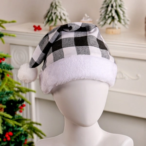 Classic black and white buffalo plaid Christmas hat with plush trim on a display mannequin