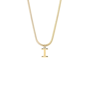 Close-up of a polished 18K gold letter I pendant on a sleek stainless steel snake chain