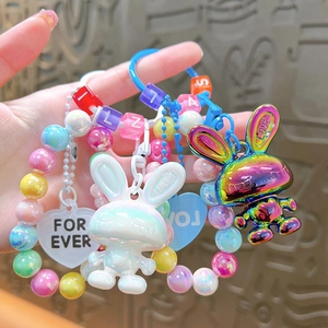 Colorful acrylic rabbit keychain set with beads and heart charms for bags or keys