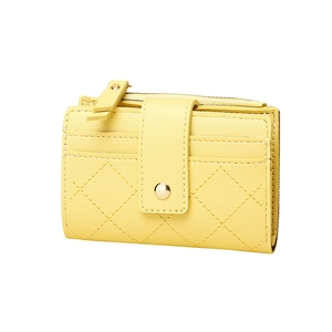 Minimalist bright yellow short quilted PU leather wallet for women with golden stud buckle