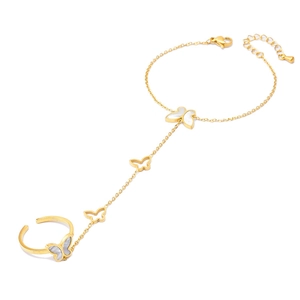 Bracelet bague papillon doré avec incrustation de nacre blanche et anneau réglable ouvert