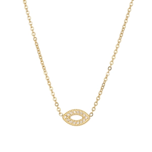 Minimalist gold evil eye pendant necklace with pavé crystal accents on white background