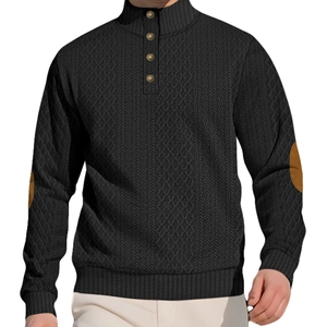 Men's black long sleeve knit shirt featuring a stand collar and brown elbow patches