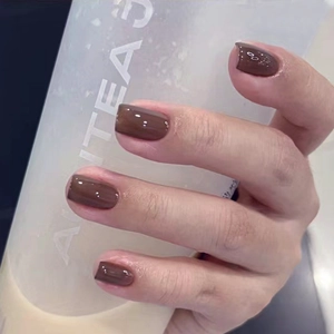 Chocolate Brown Press On Nails Short Square Glossy Artificial Fake Nails Full Cover For Women