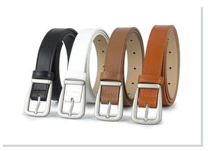 Flat lay of slim PU leather women belts in black, white, brown and coffee colors