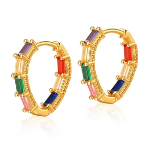 Close-up of gold plated brass hoop earrings with multi-color baguette cubic zirconia stones