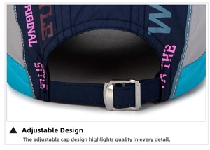 Detail of adjustable metal buckle and contrast stitching on a breathable outdoor baseball cap