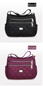 Detail of waterproof oxford shoulder bags in black and purple with quilted patterns