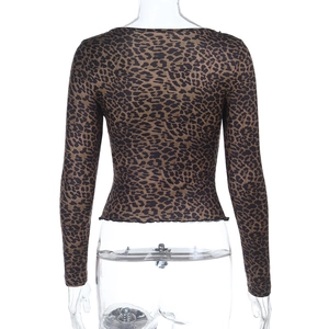 Back view of slim fit leopard print long sleeve top with lettuce trim detail