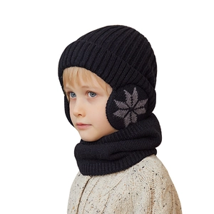 Children's winter knitted beanie hat and neck warmer scarf set with black snowflake pattern